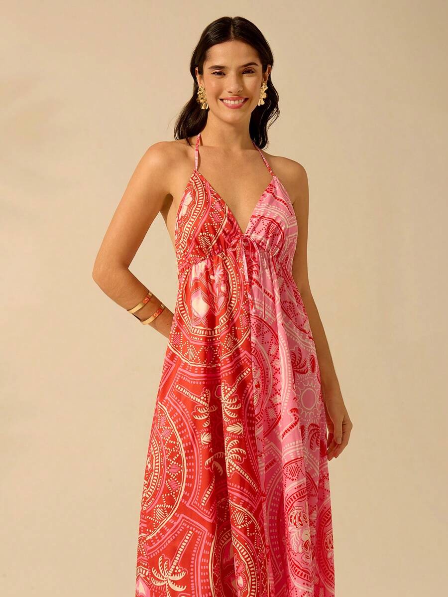 CAJUNI Vestido Longo Casual de Praia para Festa, Estampa Tropical de Árvore de Coco e Floral, Contraste de Cores, Sem Mangas, Estilo Boho para Mulheres
