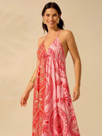 CAJUNI Vestido Longo Casual de Praia para Festa, Estampa Tropical de Árvore de Coco e Floral, Contraste de Cores, Sem Mangas, Estilo Boho para Mulheres