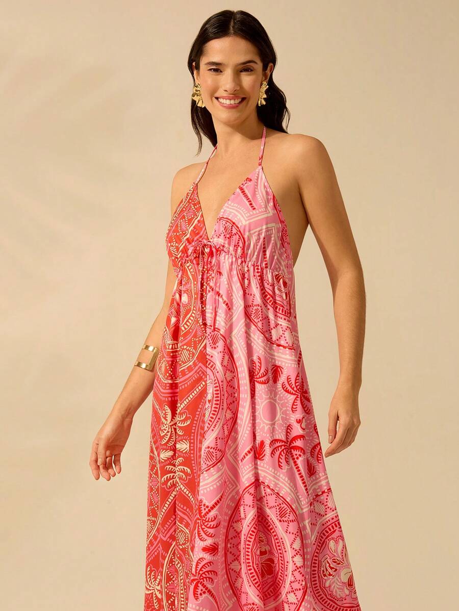 CAJUNI Vestido Longo Casual de Praia para Festa, Estampa Tropical de Árvore de Coco e Floral, Contraste de Cores, Sem Mangas, Estilo Boho para Mulheres