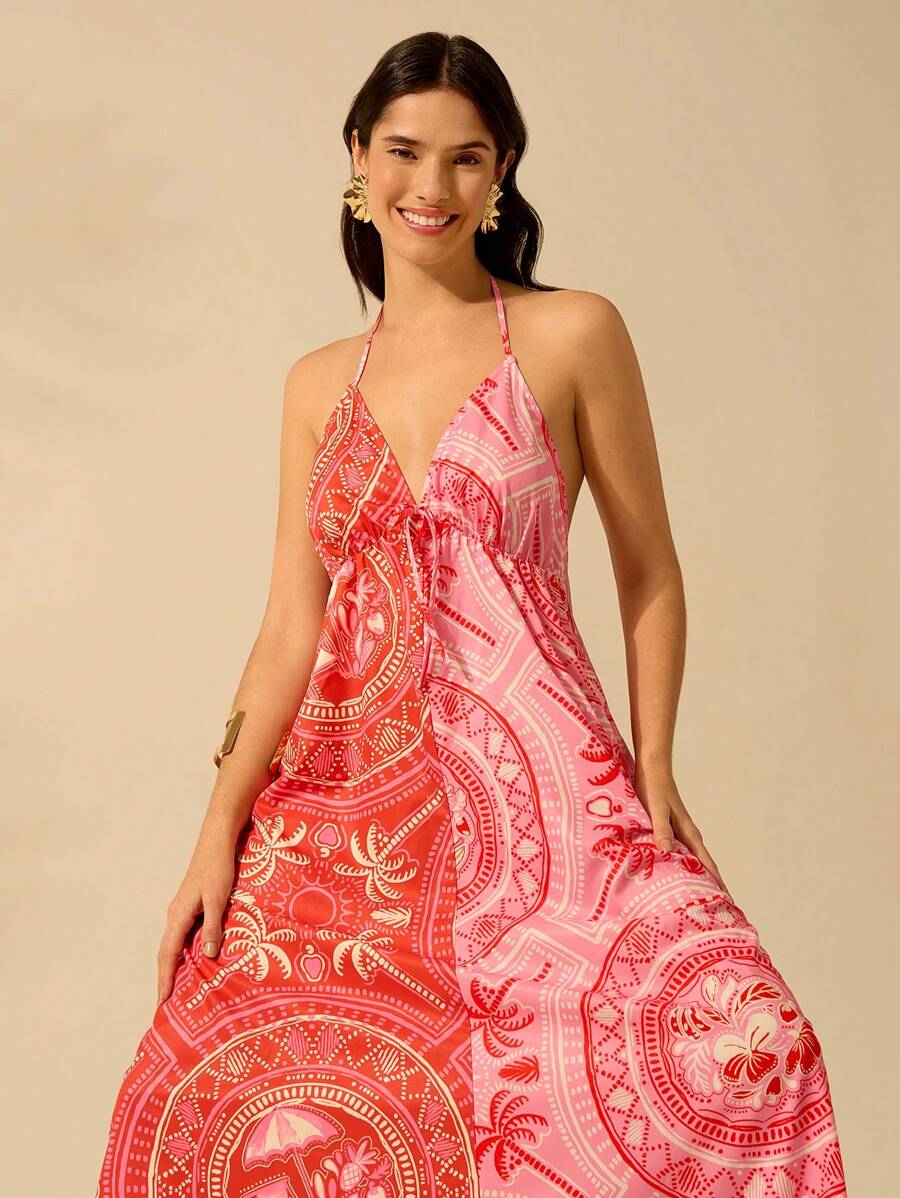 CAJUNI Vestido Longo Casual de Praia para Festa, Estampa Tropical de Árvore de Coco e Floral, Contraste de Cores, Sem Mangas, Estilo Boho para Mulheres