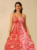 CAJUNI Vestido Longo Casual de Praia para Festa, Estampa Tropical de Árvore de Coco e Floral, Contraste de Cores, Sem Mangas, Estilo Boho para Mulheres