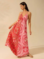 CAJUNI Vestido Longo Casual de Praia para Festa, Estampa Tropical de Árvore de Coco e Floral, Contraste de Cores, Sem Mangas, Estilo Boho para Mulheres