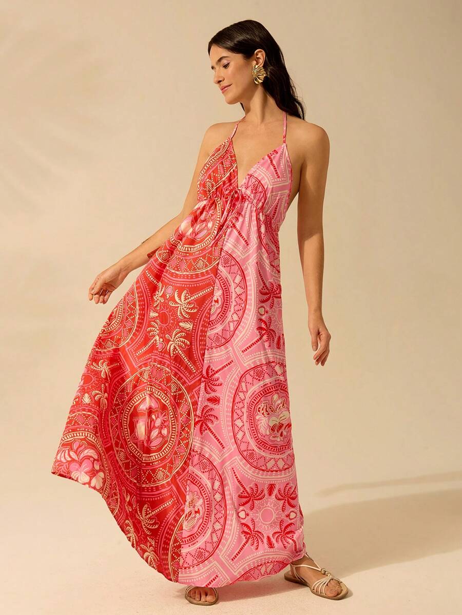 CAJUNI Vestido Longo Casual de Praia para Festa, Estampa Tropical de Árvore de Coco e Floral, Contraste de Cores, Sem Mangas, Estilo Boho para Mulheres