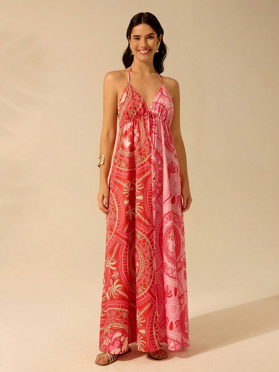 CAJUNI Vestido Longo Casual de Praia para Festa, Estampa Tropical de Árvore de Coco e Floral, Contraste de Cores, Sem Mangas, Estilo Boho para Mulheres