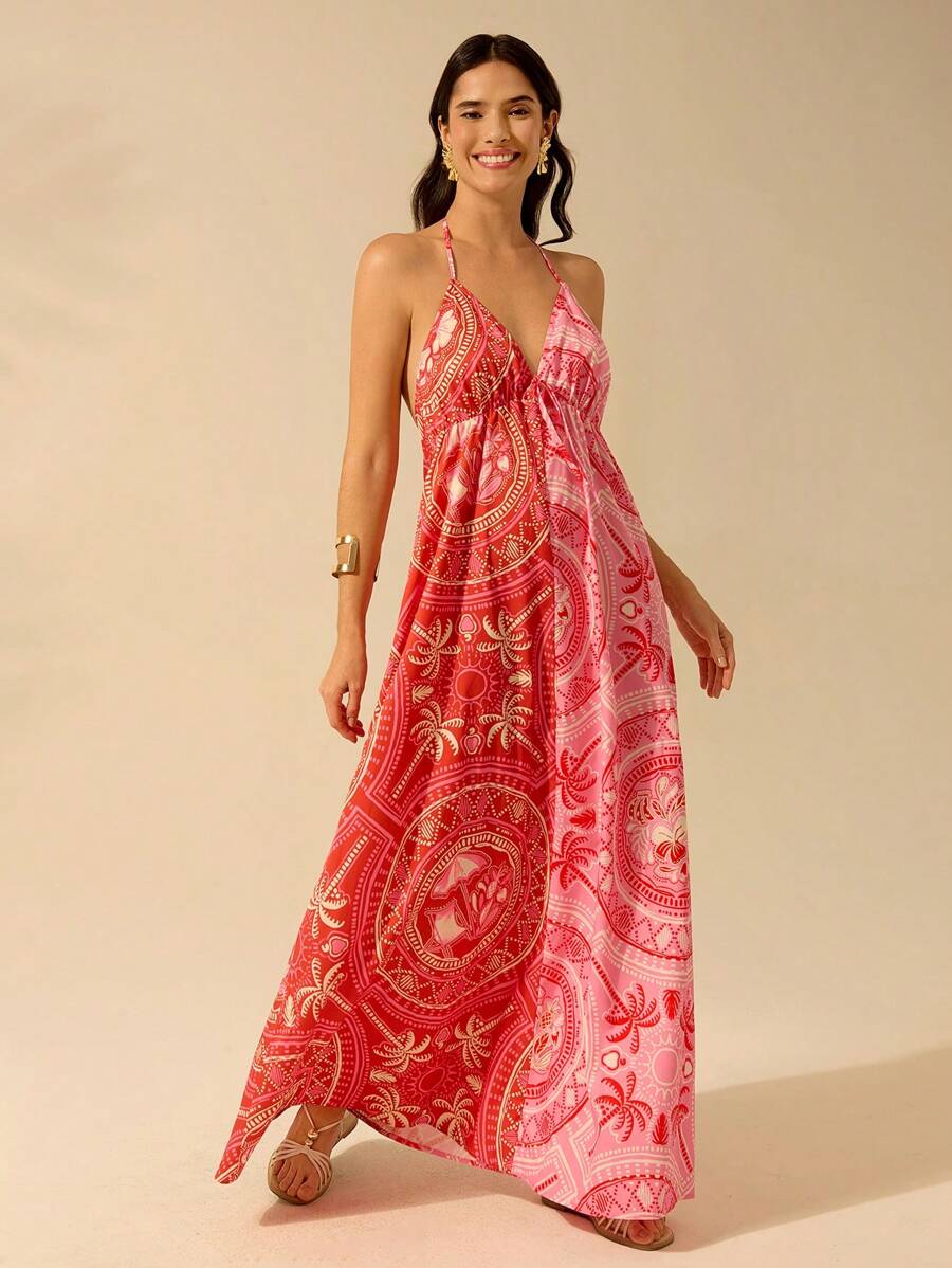 CAJUNI Vestido Longo Casual de Praia para Festa, Estampa Tropical de Árvore de Coco e Floral, Contraste de Cores, Sem Mangas, Estilo Boho para Mulheres