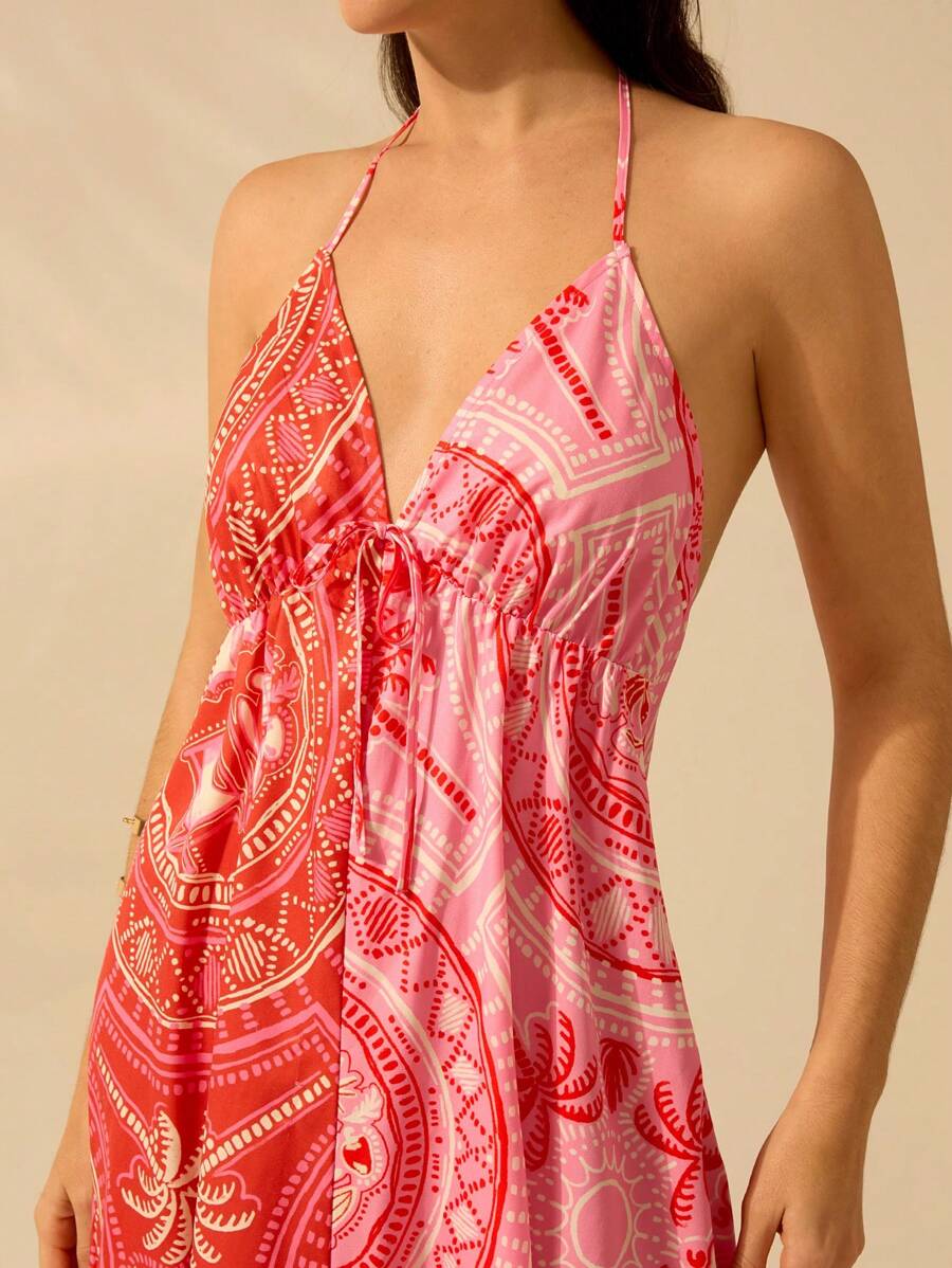 CAJUNI Vestido Longo Casual de Praia para Festa, Estampa Tropical de Árvore de Coco e Floral, Contraste de Cores, Sem Mangas, Estilo Boho para Mulheres