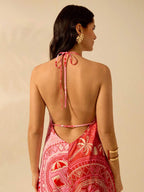 CAJUNI Vestido Longo Casual de Praia para Festa, Estampa Tropical de Árvore de Coco e Floral, Contraste de Cores, Sem Mangas, Estilo Boho para Mulheres