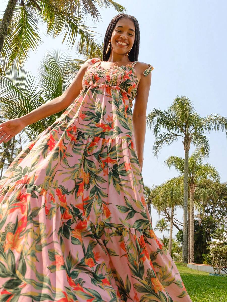 CAJUNI Vestido Longo Boho Feminino Estampa de Planta Tropical Rosa com Cordão, Babado e Godê, Vestido Casual de Praia Para Férias de Verão