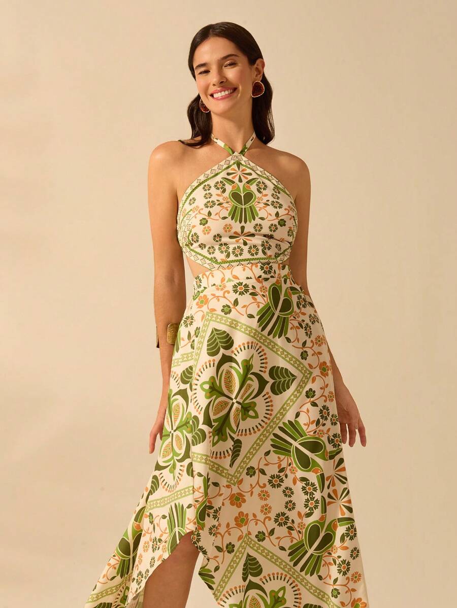 CAJUNI Vestido longo de verão com estampa de Selenipédio e Azálea tropical, decote halter e amarração, casual de praia para férias, para mulheres