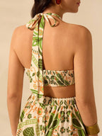 CAJUNI Vestido longo de verão com estampa de Selenipédio e Azálea tropical, decote halter e amarração, casual de praia para férias, para mulheres