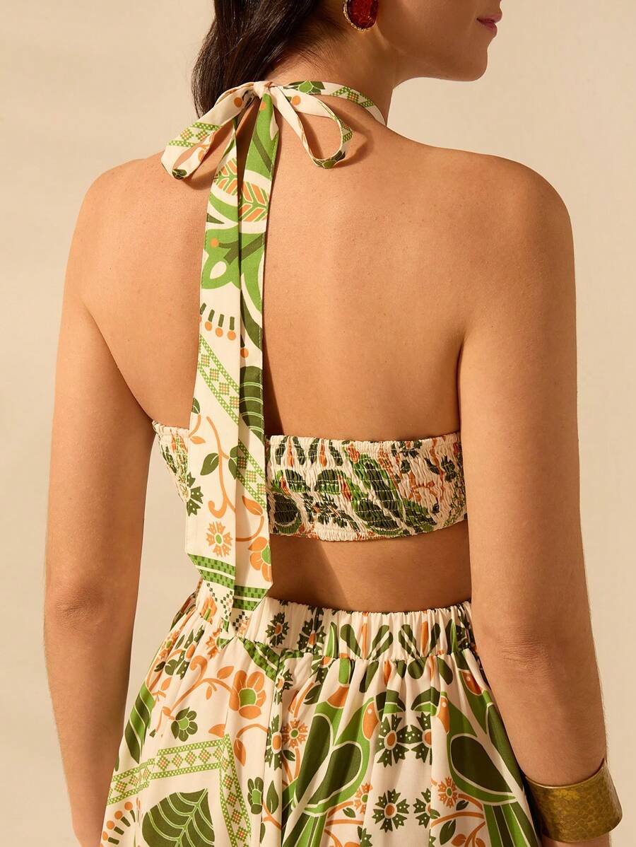 CAJUNI Vestido longo de verão com estampa de Selenipédio e Azálea tropical, decote halter e amarração, casual de praia para férias, para mulheres