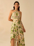 CAJUNI Vestido longo de verão com estampa de Selenipédio e Azálea tropical, decote halter e amarração, casual de praia para férias, para mulheres