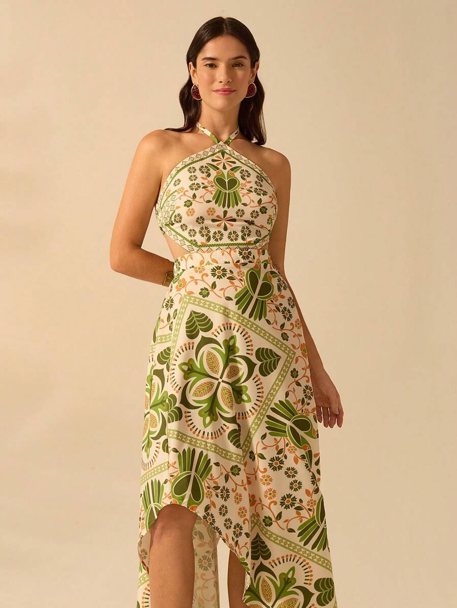 CAJUNI Vestido longo de verão com estampa de Selenipédio e Azálea tropical, decote halter e amarração, casual de praia para férias, para mulheres