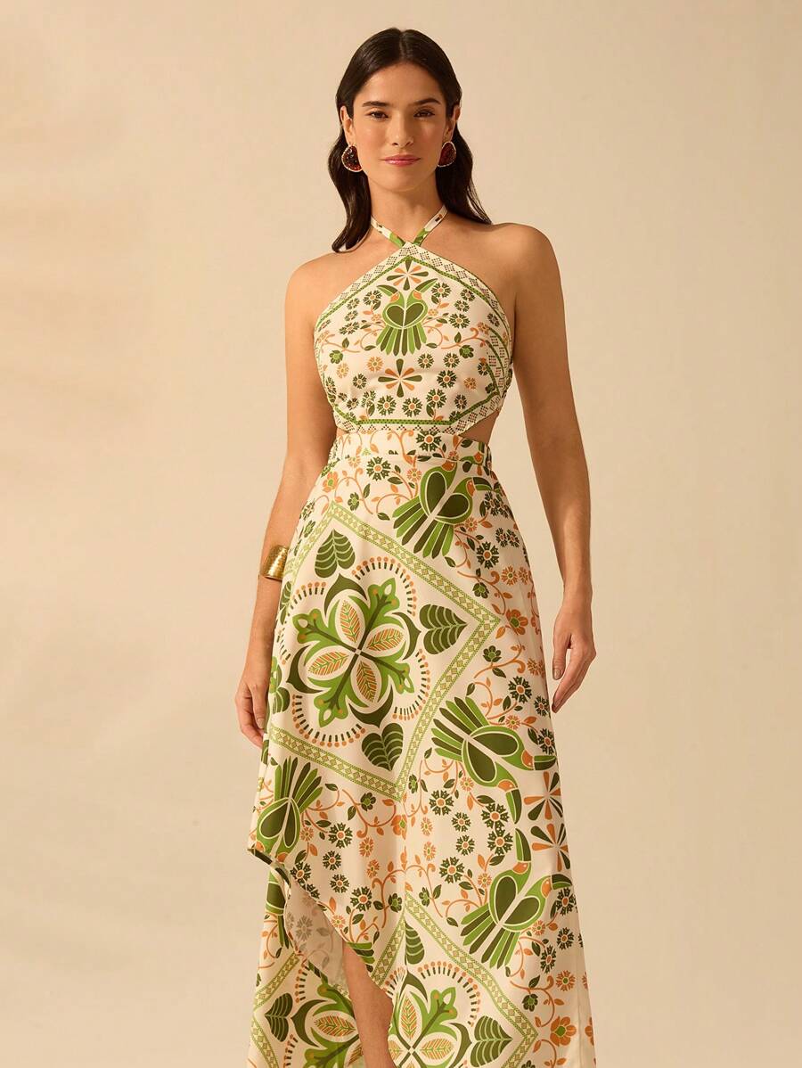 CAJUNI Vestido longo de verão com estampa de Selenipédio e Azálea tropical, decote halter e amarração, casual de praia para férias, para mulheres