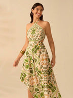 CAJUNI Vestido longo de verão com estampa de Selenipédio e Azálea tropical, decote halter e amarração, casual de praia para férias, para mulheres