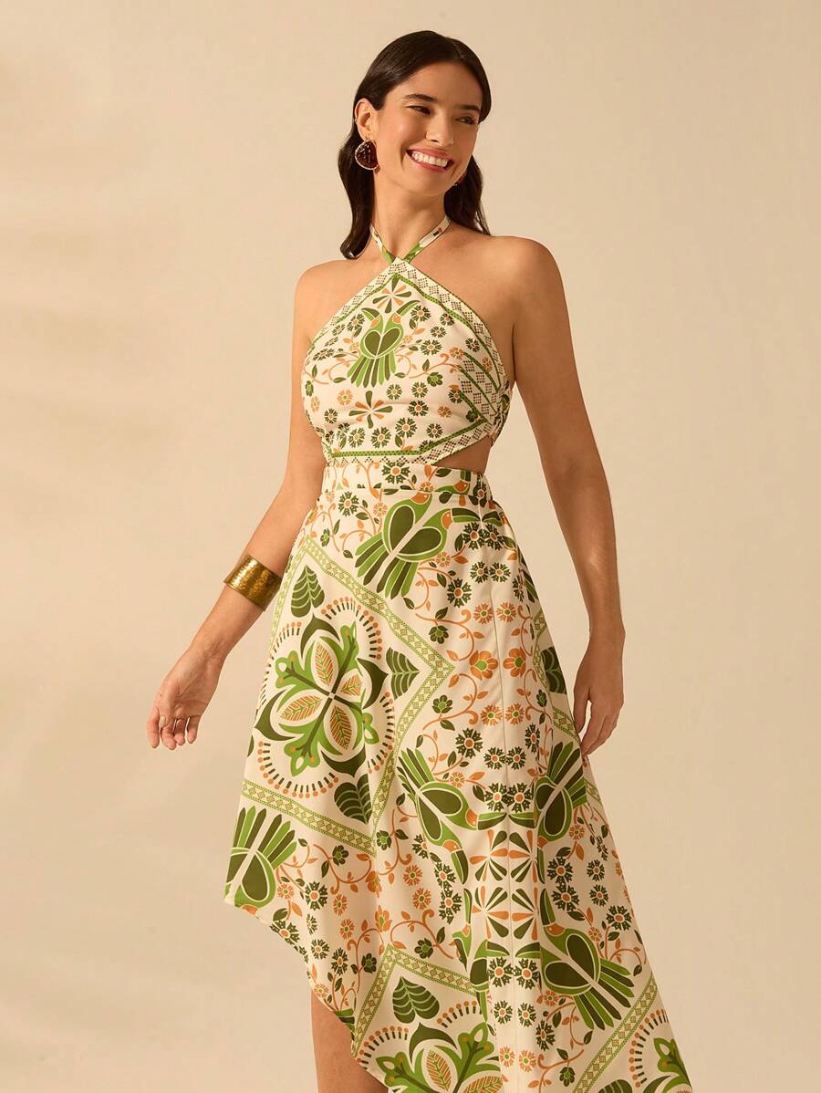 CAJUNI Vestido longo de verão com estampa de Selenipédio e Azálea tropical, decote halter e amarração, casual de praia para férias, para mulheres