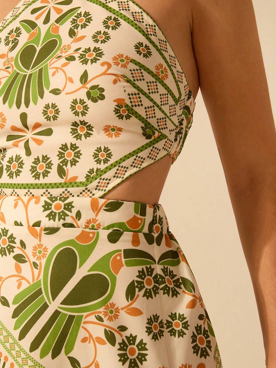 CAJUNI Vestido longo de verão com estampa de Selenipédio e Azálea tropical, decote halter e amarração, casual de praia para férias, para mulheres
