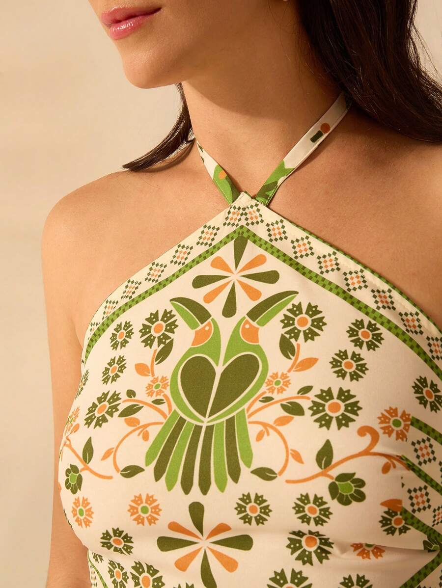 CAJUNI Vestido longo de verão com estampa de Selenipédio e Azálea tropical, decote halter e amarração, casual de praia para férias, para mulheres