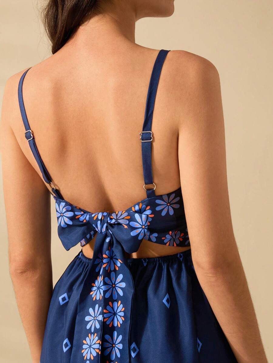 CAJUNI Vestido Curto Preto com Alça em Estilo Boho Tropical, Impressão de Plantas, Azaléia, Girassol para Férias Casuais de Verão para Mulheres