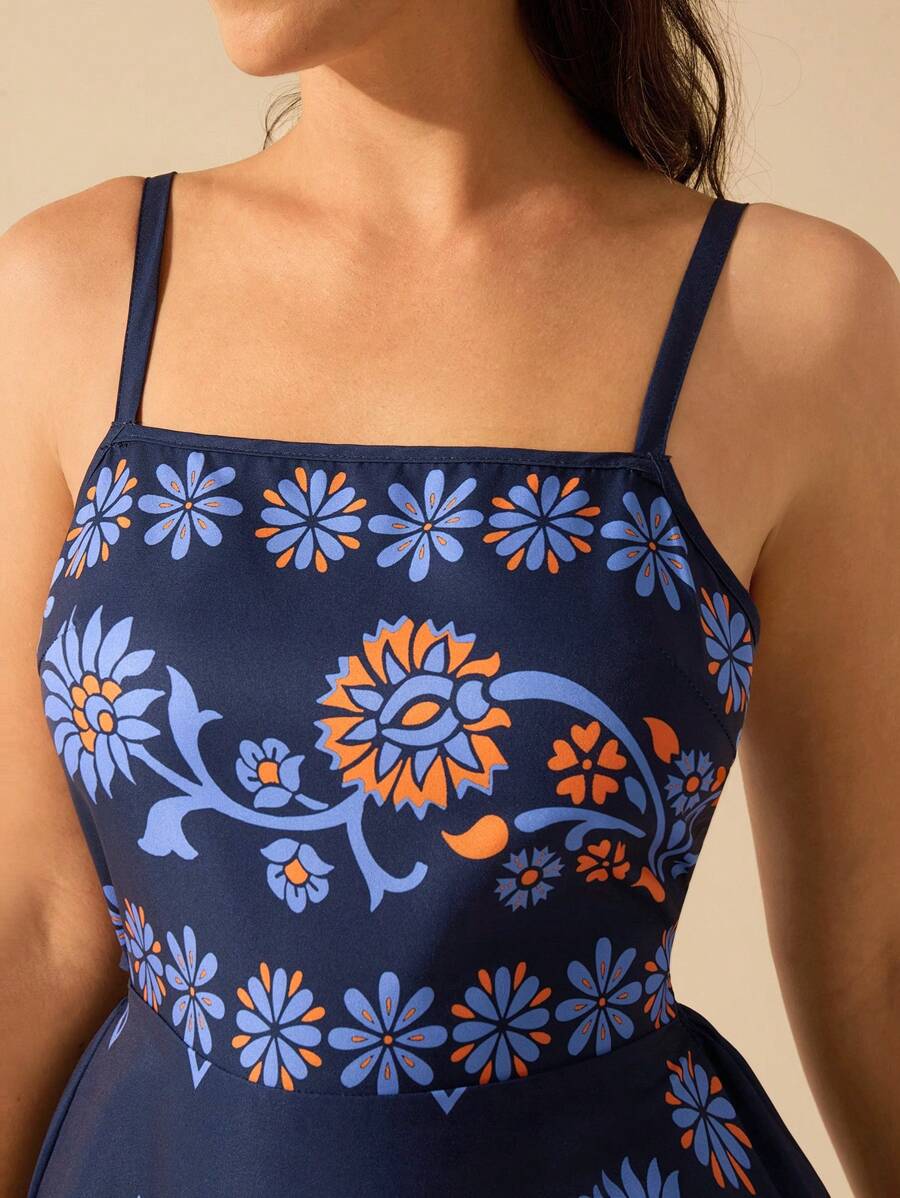 CAJUNI Vestido Curto Preto com Alça em Estilo Boho Tropical, Impressão de Plantas, Azaléia, Girassol para Férias Casuais de Verão para Mulheres