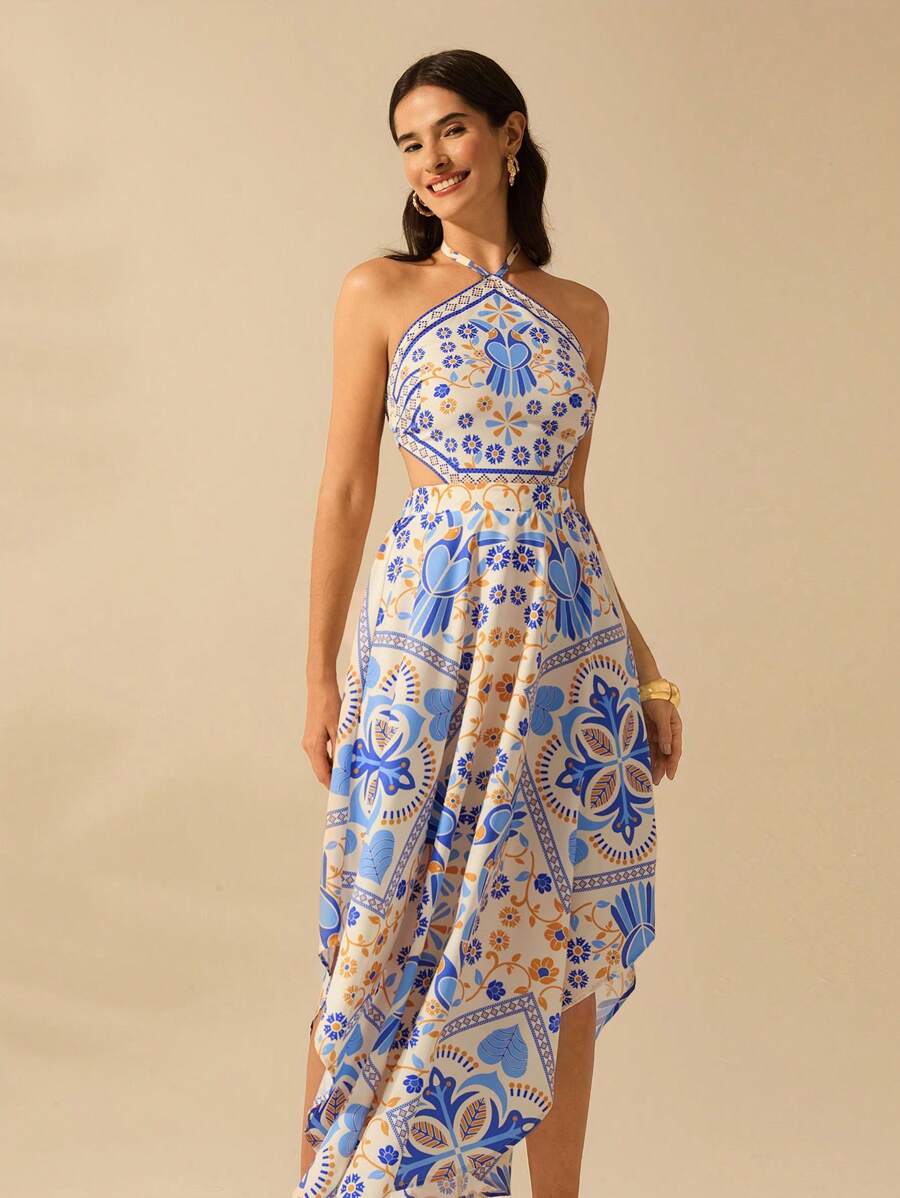 CAJUNI Vestido longo de verão com estampa de Selenipédio e Azálea tropical, decote halter e amarração, casual de praia para férias, para mulheres