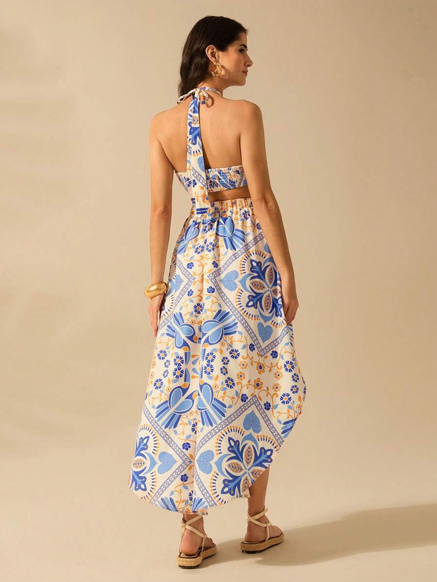 CAJUNI Vestido longo de verão com estampa de Selenipédio e Azálea tropical, decote halter e amarração, casual de praia para férias, para mulheres