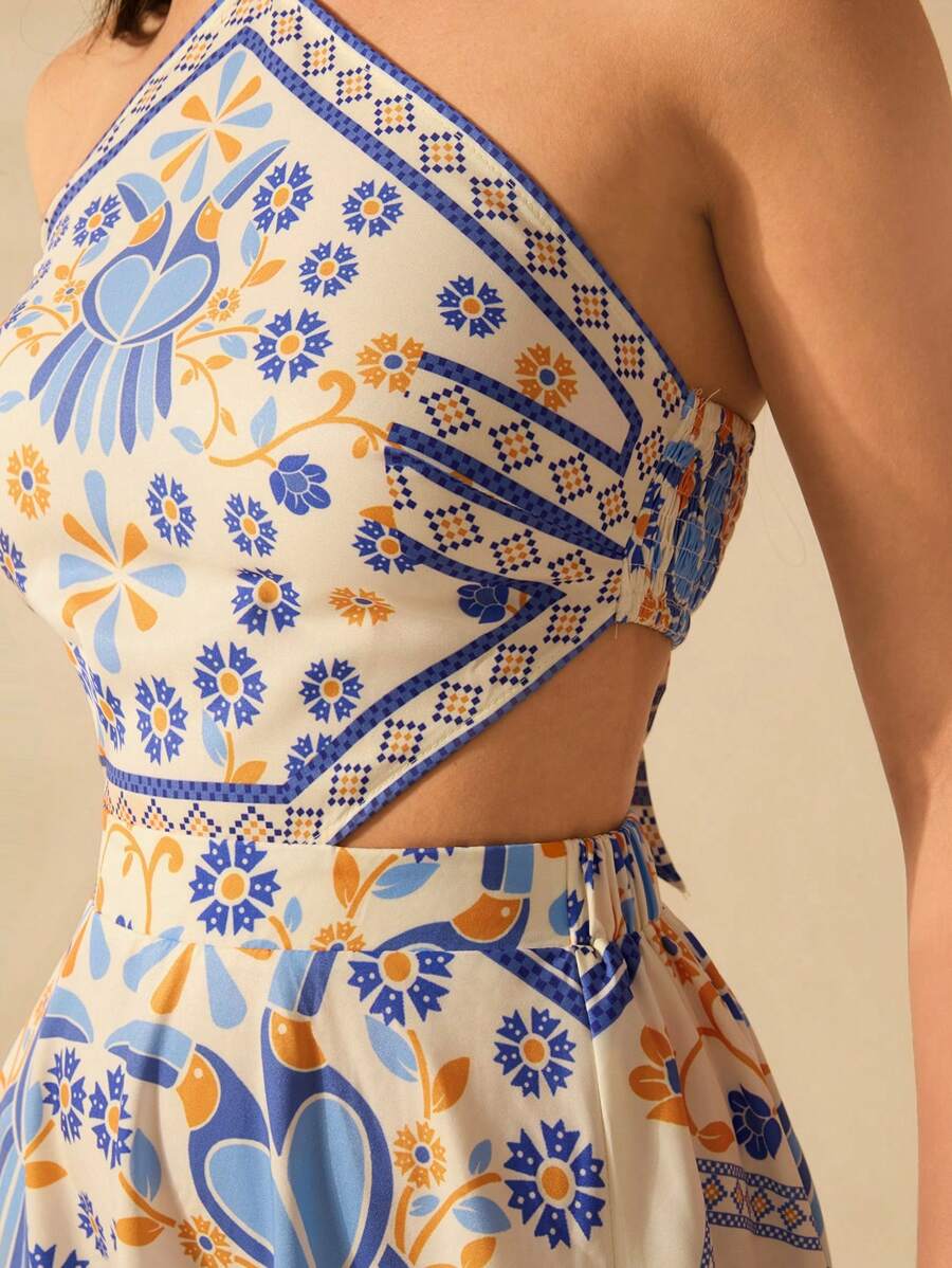 CAJUNI Vestido longo de verão com estampa de Selenipédio e Azálea tropical, decote halter e amarração, casual de praia para férias, para mulheres