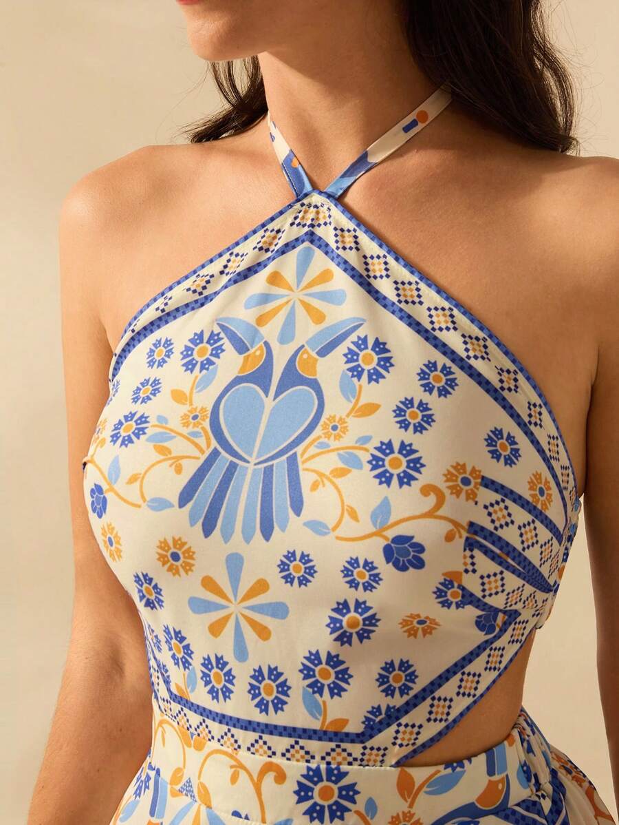 CAJUNI Vestido longo de verão com estampa de Selenipédio e Azálea tropical, decote halter e amarração, casual de praia para férias, para mulheres