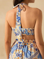 CAJUNI Vestido longo de verão com estampa de Selenipédio e Azálea tropical, decote halter e amarração, casual de praia para férias, para mulheres