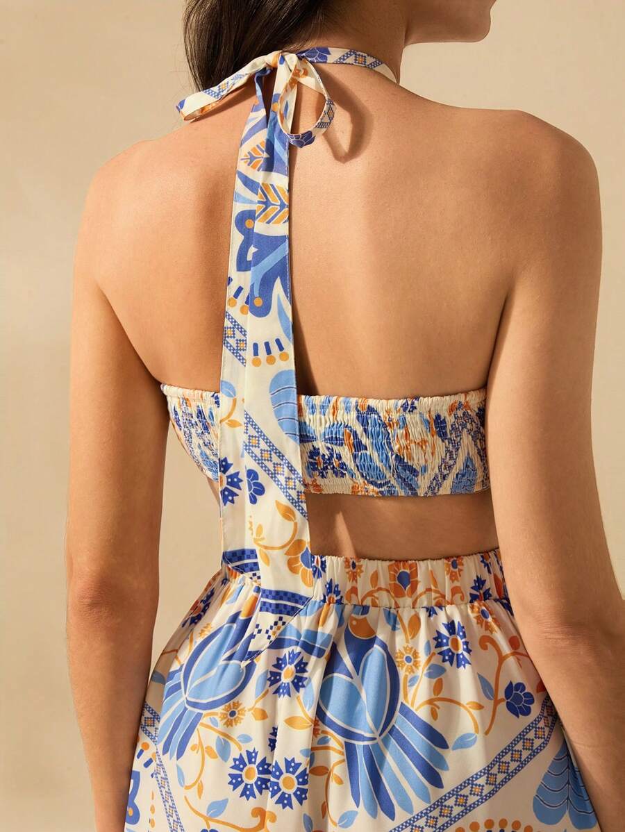 CAJUNI Vestido longo de verão com estampa de Selenipédio e Azálea tropical, decote halter e amarração, casual de praia para férias, para mulheres
