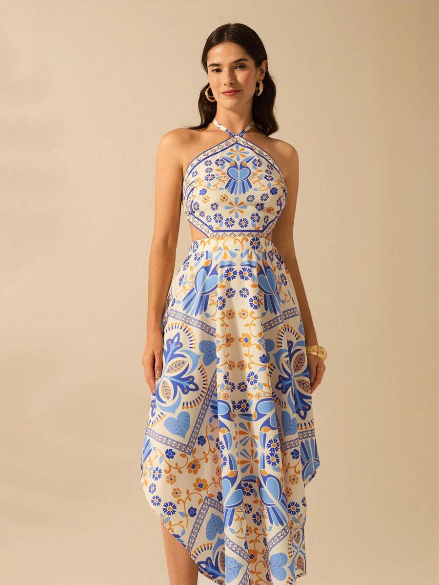 CAJUNI Vestido longo de verão com estampa de Selenipédio e Azálea tropical, decote halter e amarração, casual de praia para férias, para mulheres