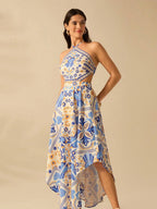 CAJUNI Vestido longo de verão com estampa de Selenipédio e Azálea tropical, decote halter e amarração, casual de praia para férias, para mulheres