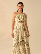 CAJUNI Vestido Casual de Praia de Férias com Cordão, Decote Recortado, Sem Mangas, Estampa de Hibisco Tropical, Coqueiro, Planta de Cobra Boho para Mulheres
