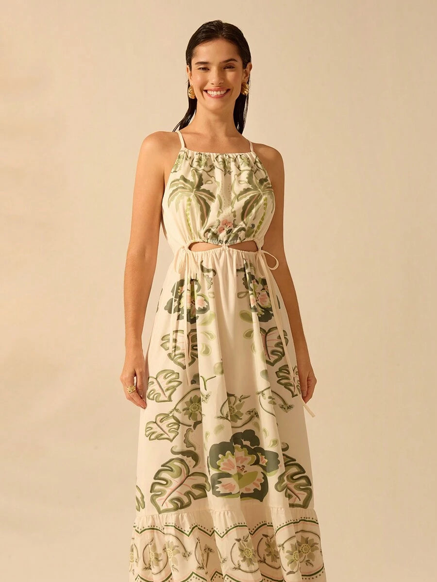 CAJUNI Vestido Casual de Praia de Férias com Cordão, Decote Recortado, Sem Mangas, Estampa de Hibisco Tropical, Coqueiro, Planta de Cobra Boho para Mulheres