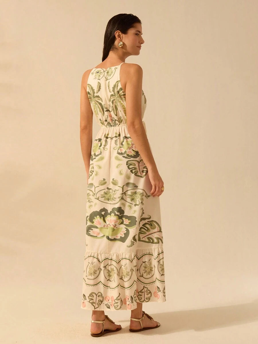 CAJUNI Vestido Casual de Praia de Férias com Cordão, Decote Recortado, Sem Mangas, Estampa de Hibisco Tropical, Coqueiro, Planta de Cobra Boho para Mulheres
