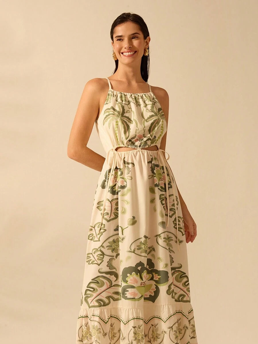 CAJUNI Vestido Casual de Praia de Férias com Cordão, Decote Recortado, Sem Mangas, Estampa de Hibisco Tropical, Coqueiro, Planta de Cobra Boho para Mulheres