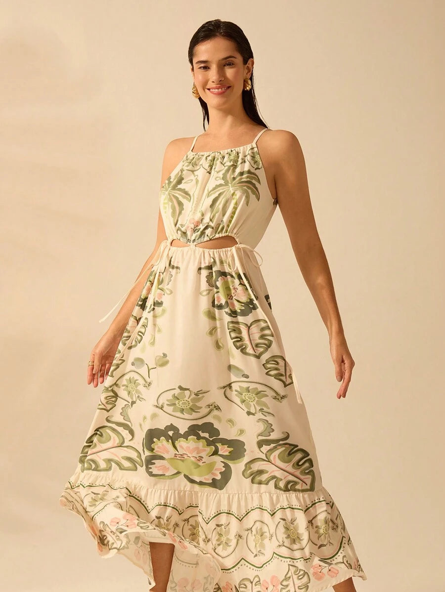 CAJUNI Vestido Casual de Praia de Férias com Cordão, Decote Recortado, Sem Mangas, Estampa de Hibisco Tropical, Coqueiro, Planta de Cobra Boho para Mulheres