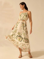 CAJUNI Vestido Casual de Praia de Férias com Cordão, Decote Recortado, Sem Mangas, Estampa de Hibisco Tropical, Coqueiro, Planta de Cobra Boho para Mulheres