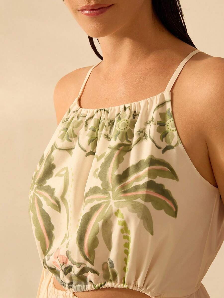CAJUNI Vestido Casual de Praia de Férias com Cordão, Decote Recortado, Sem Mangas, Estampa de Hibisco Tropical, Coqueiro, Planta de Cobra Boho para Mulheres