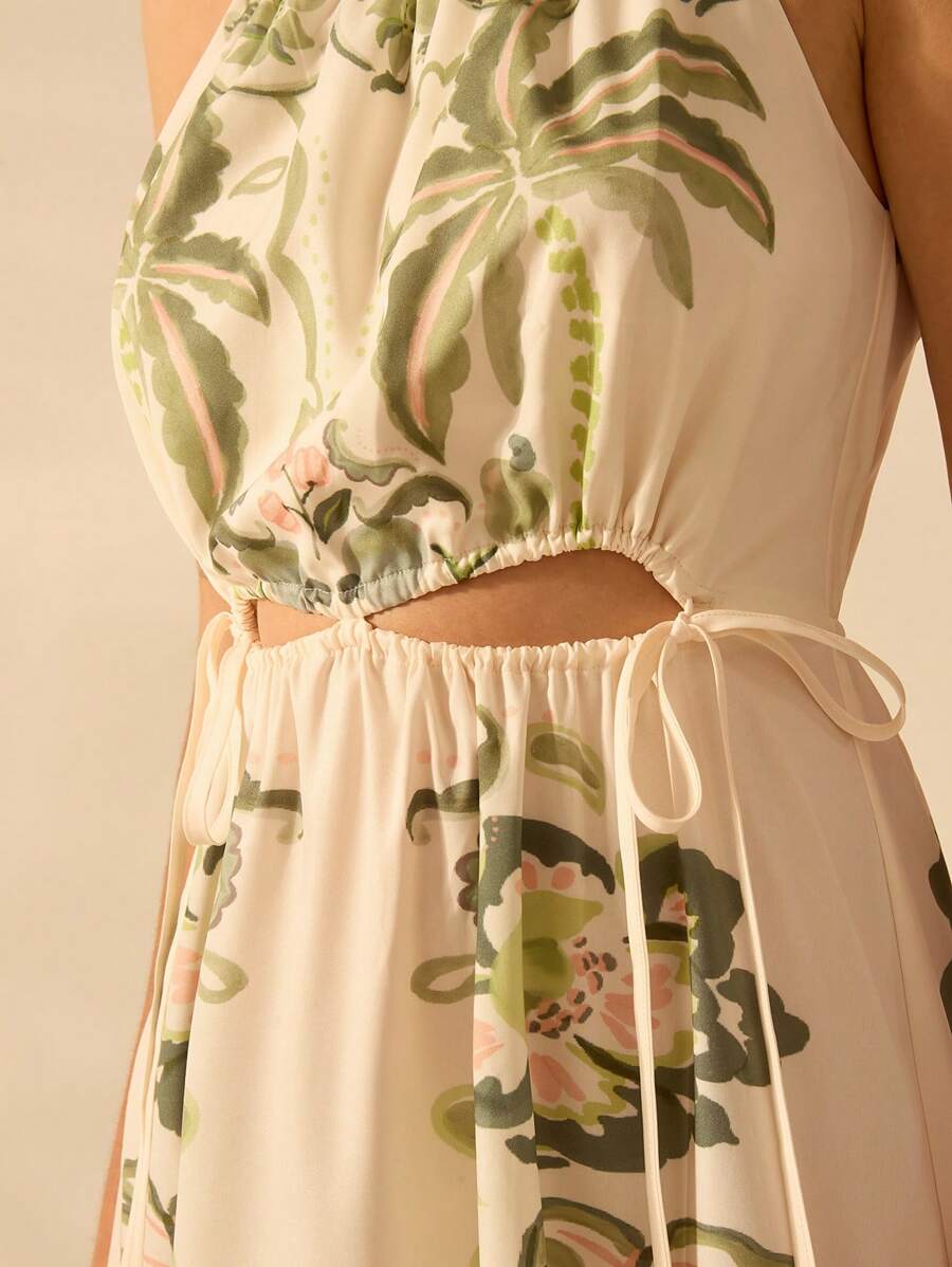 CAJUNI Vestido Casual de Praia de Férias com Cordão, Decote Recortado, Sem Mangas, Estampa de Hibisco Tropical, Coqueiro, Planta de Cobra Boho para Mulheres