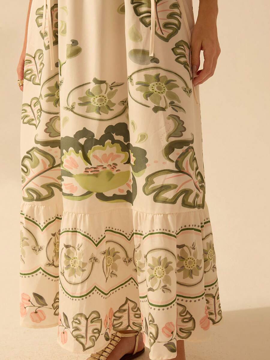 CAJUNI Vestido Casual de Praia de Férias com Cordão, Decote Recortado, Sem Mangas, Estampa de Hibisco Tropical, Coqueiro, Planta de Cobra Boho para Mulheres