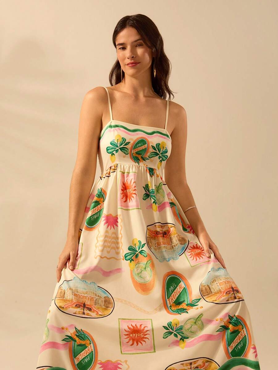 CAJUNI Vestido Longo de Slip Casual de Férias com Estampa Tropical Boêmia, Verão