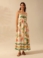 CAJUNI Vestido Longo de Slip Casual de Férias com Estampa Tropical Boêmia, Verão