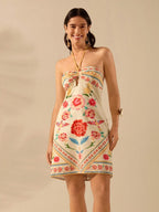 CAJUNI Vestido Curto Feminino Boho Floral com Estampa de Pássaro Tropical, Decote Halter Vazado, Vestido Casual de Férias Verão Praia
