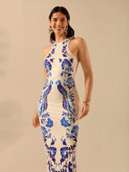CAJUNI Vestido Listrado Azul com Estampa Tropical de Plantas e Papagaio, Estilo Boho, Sem Mangas e Costas Abertas, Vestido de Praia Casual de Verão