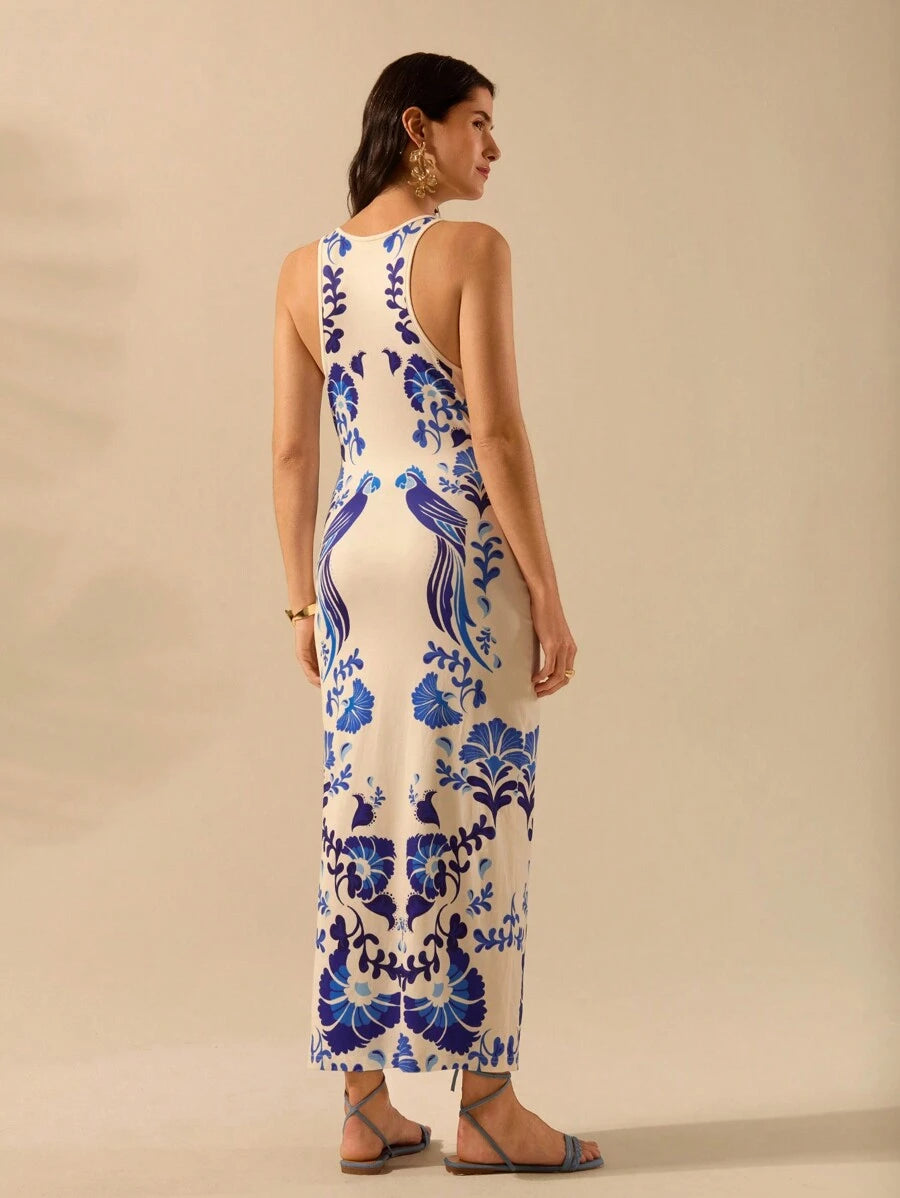 CAJUNI Vestido Listrado Azul com Estampa Tropical de Plantas e Papagaio, Estilo Boho, Sem Mangas e Costas Abertas, Vestido de Praia Casual de Verão