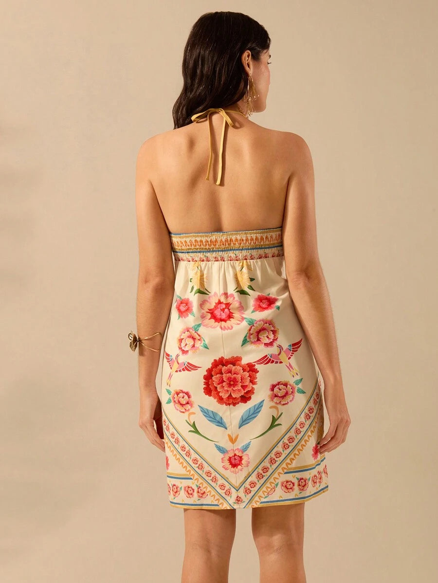 CAJUNI Vestido Curto Feminino Boho Floral com Estampa de Pássaro Tropical, Decote Halter Vazado, Vestido Casual de Férias Verão Praia