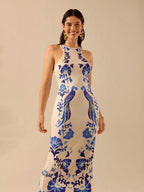 CAJUNI Vestido Listrado Azul com Estampa Tropical de Plantas e Papagaio, Estilo Boho, Sem Mangas e Costas Abertas, Vestido de Praia Casual de Verão