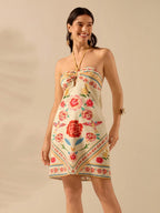 CAJUNI Vestido Curto Feminino Boho Floral com Estampa de Pássaro Tropical, Decote Halter Vazado, Vestido Casual de Férias Verão Praia