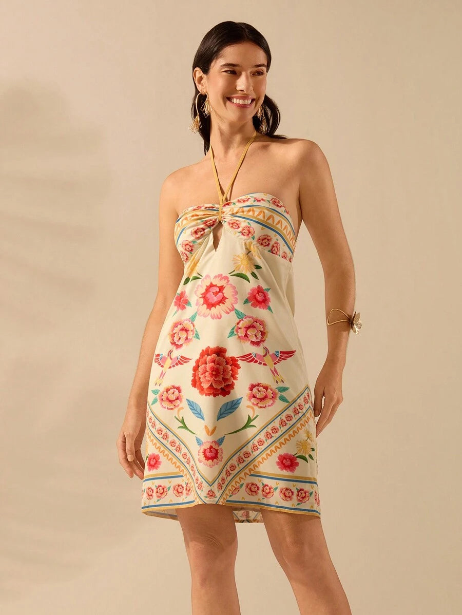 CAJUNI Vestido Curto Feminino Boho Floral com Estampa de Pássaro Tropical, Decote Halter Vazado, Vestido Casual de Férias Verão Praia